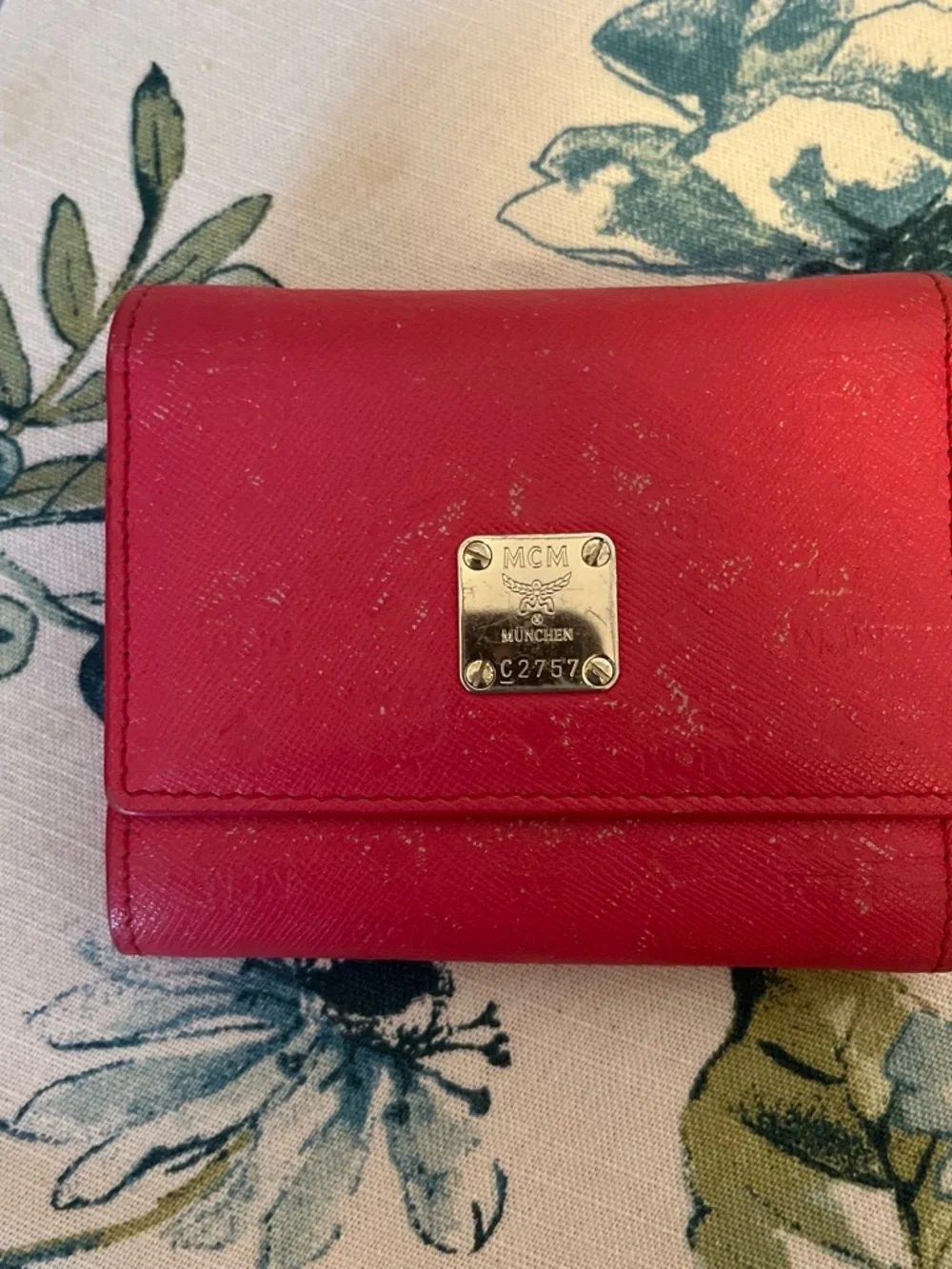 MCM Red Leather Compact Wallet with Gold Plaque